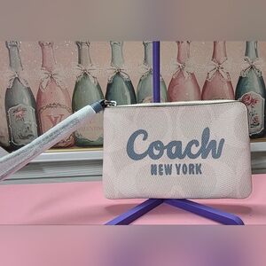 Coach Cream and Blue Logo Wristlet